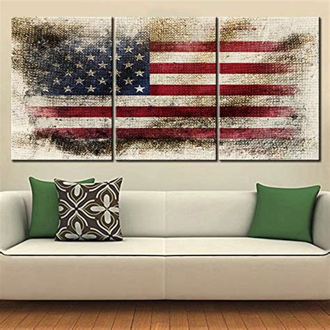 Native American Artwork Patriotic Star Flag Picrtures for Living Room Red Blue Stripes Wall Art 3 Panel Grunge Canvas Painting Rustic House Decoration Framed Gallery-Wrapped Ready to Hang(60''Wx28''H)
