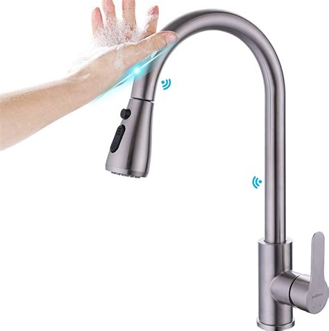 Touch Kitchen Faucet with Pull Down Sprayer, Single Handle Smart Kitchen Sink Faucets with 2 Modes Pull Out Sprayer, 304 Stainless Steel Touch Activated Faucet, Brushed Nickel